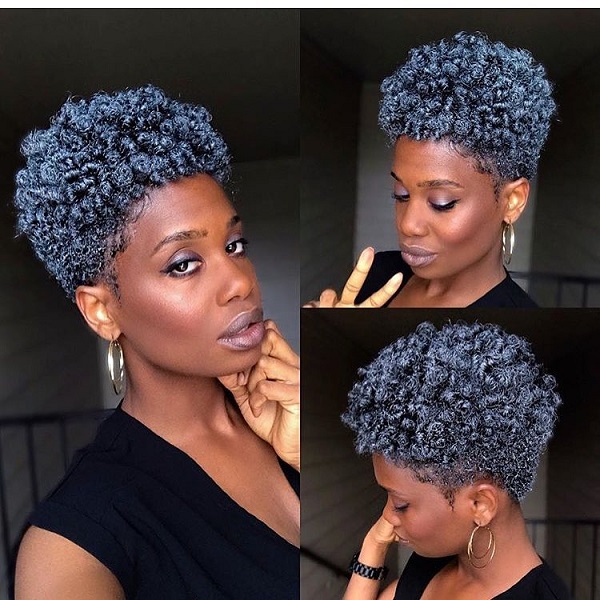 woman kinky tapered cut grey color